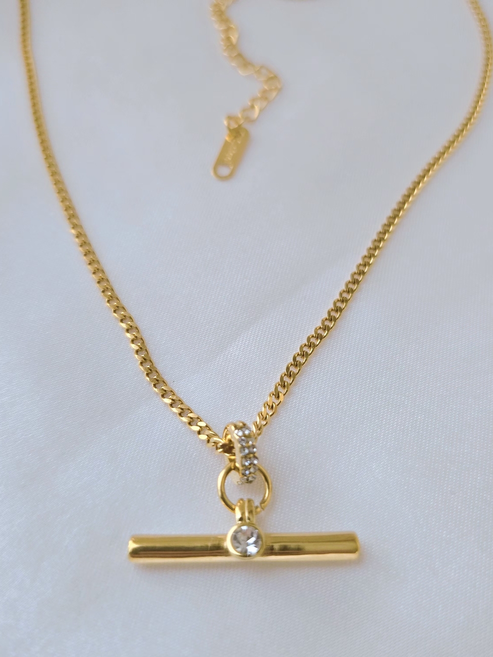 Trendy‎ Gold T-Bar Pendant Necklace with Crystal Accent - Women Jewelry